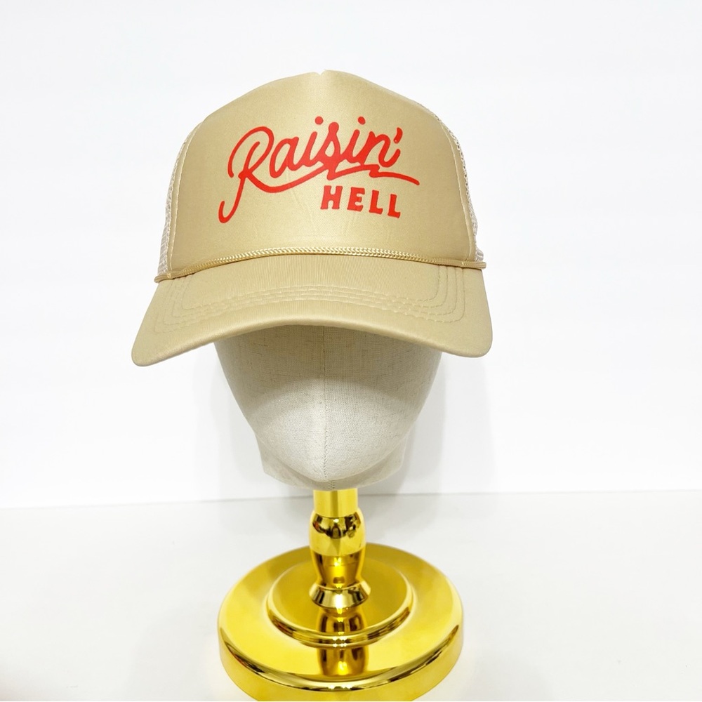 Raisin’ Hell Trucker Hat – Beige Mesh Snapback Baseball Cap